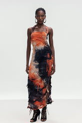 Ainmuire Tie Dye Saçaklı Bölünmüş Uzun Elbise